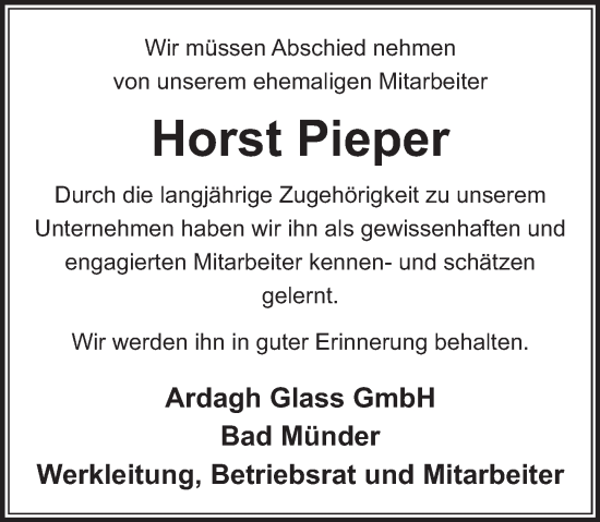 Traueranzeige von Horst Pieper von Neue Deister-Zeitung