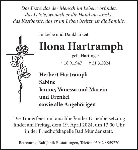 Traueranzeige von Ilona Hartramph von Neue Deister-Zeitung
