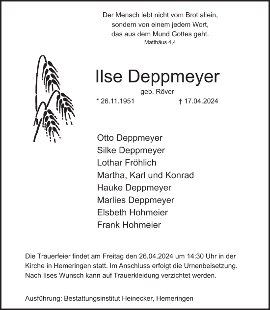 Traueranzeige von Ilse Deppmeyer von Deister- und Weserzeitung