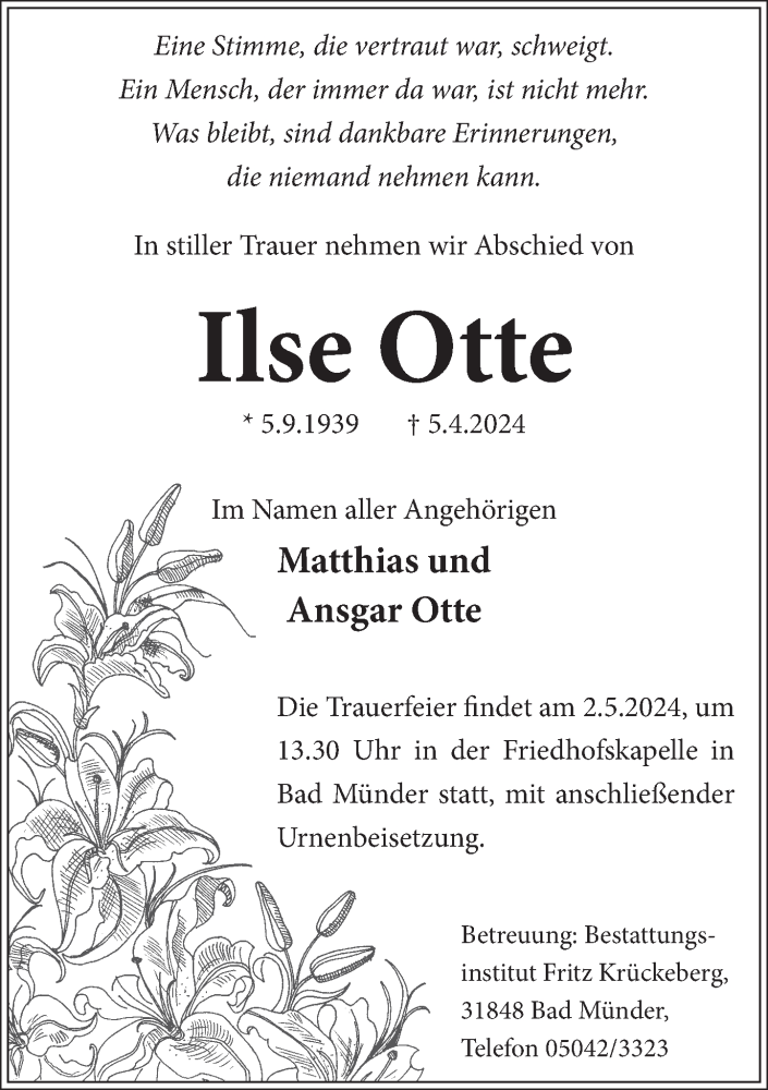  Traueranzeige für Ilse Otte vom 20.04.2024 aus Neue Deister-Zeitung