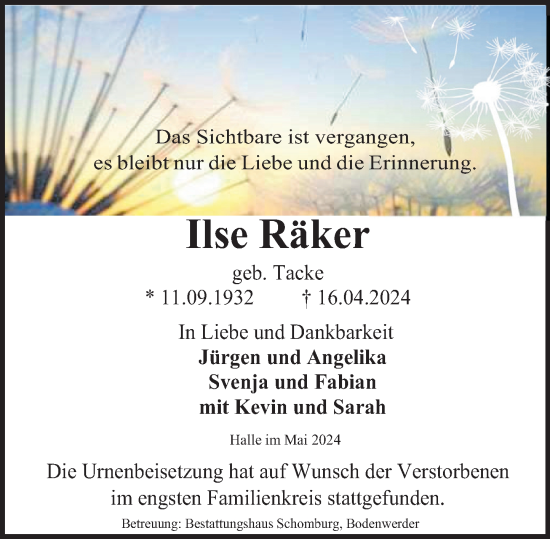 Traueranzeige von Ilse Räker von Deister- und Weserzeitung
