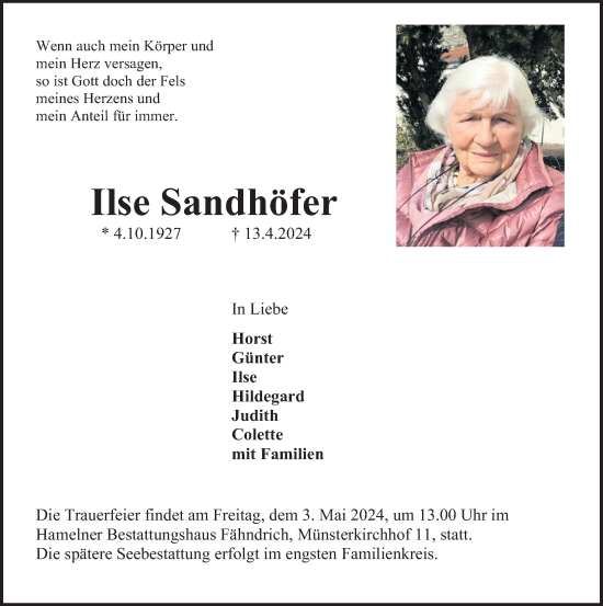 Traueranzeige von Ilse Sandhöfer von Deister- und Weserzeitung