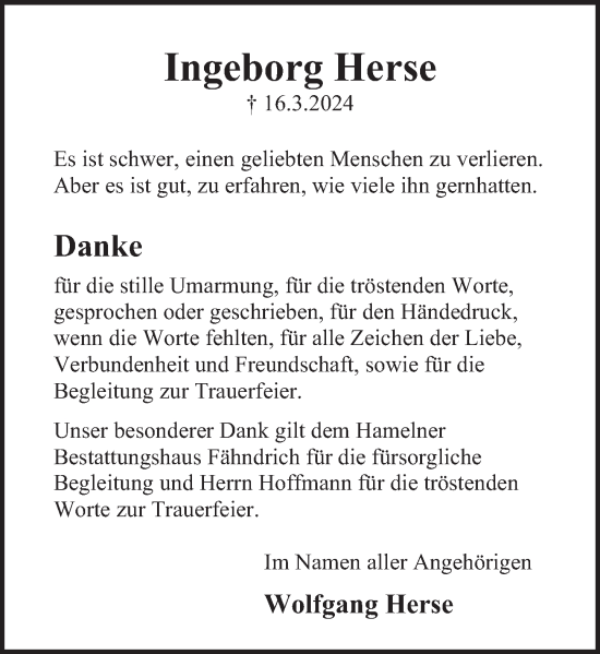 Traueranzeige von Ingeborg Herse von Deister- und Weserzeitung