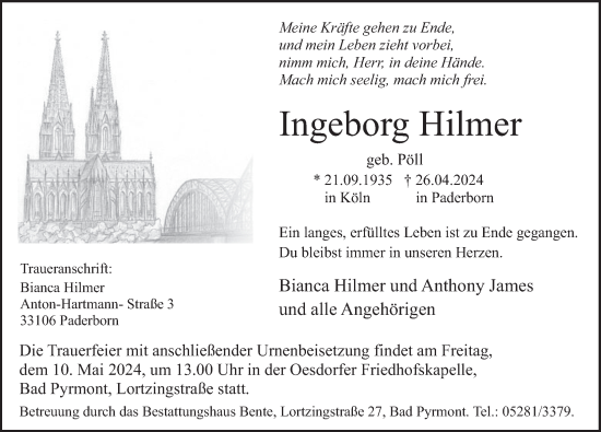 Traueranzeige von Ingeborg Hilmer von Deister- und Weserzeitung