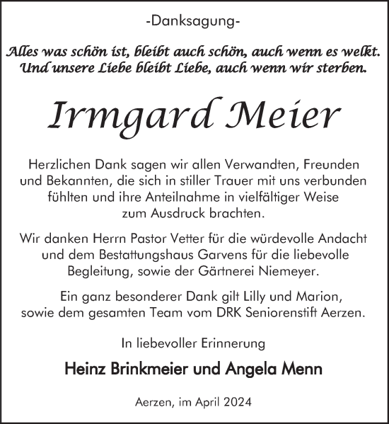 Traueranzeige von Irmgard Meier von Deister- und Weserzeitung