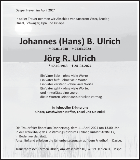 Traueranzeige von Jörg R. Ulrich von Deister- und Weserzeitung