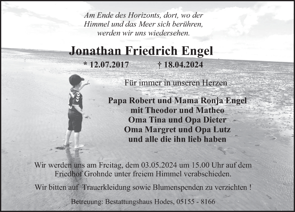  Traueranzeige für Jonathan Friedrich Engel vom 27.04.2024 aus Deister- und Weserzeitung
