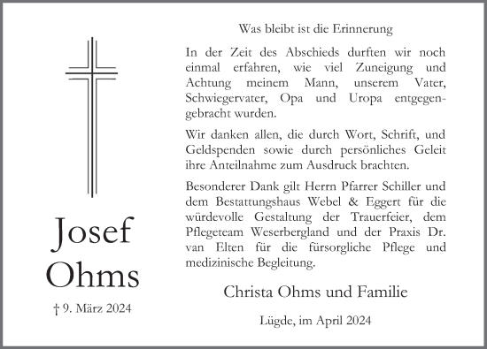 Traueranzeige von Josef Ohms von Deister- und Weserzeitung