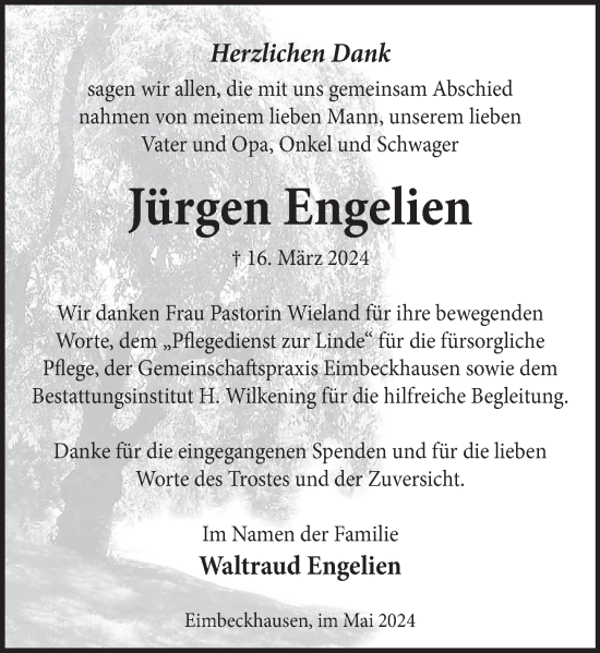 Traueranzeige von Jürgen Engelien von Neue Deister-Zeitung