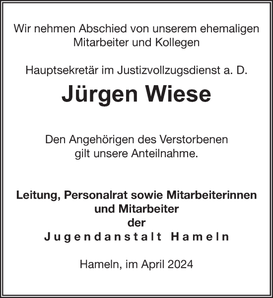 Traueranzeige von Jürgen Wiese von Deister- und Weserzeitung
