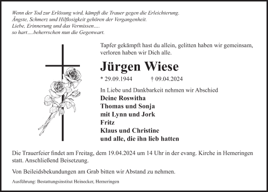 Traueranzeige von Jürgen Wiese von Deister- und Weserzeitung