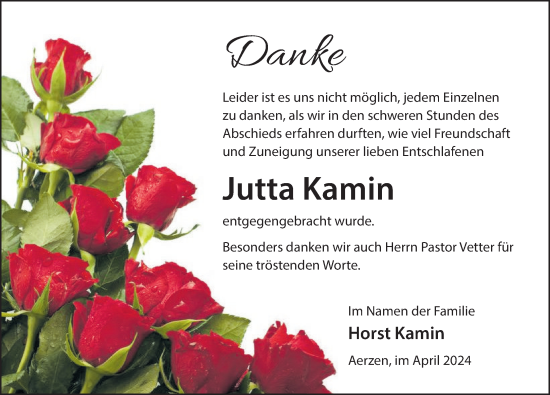 Traueranzeige von Jutta Kamin von Deister- und Weserzeitung