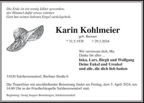 Traueranzeige von Karin Kohlmeier von Deister- und Weserzeitung