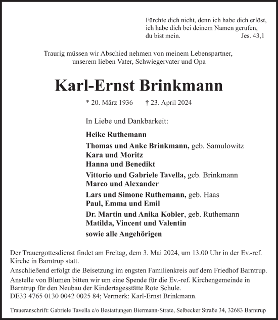 Traueranzeige von Karl-Ernst Brinkmann von Deister- und Weserzeitung