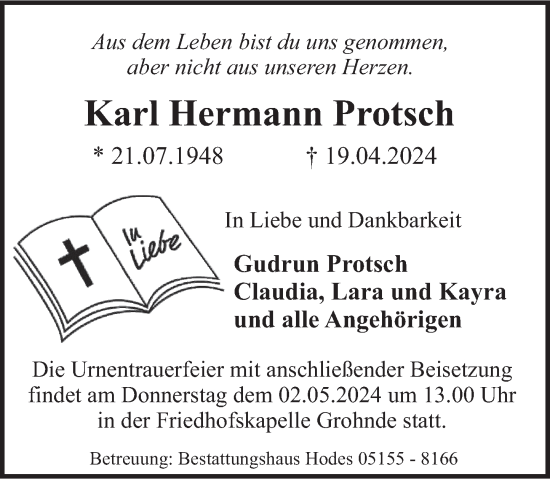 Traueranzeige von Karl Hermann Protsch von Deister- und Weserzeitung