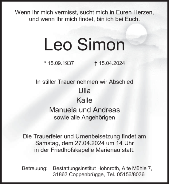 Traueranzeige von Leo Simon von Deister- und Weserzeitung