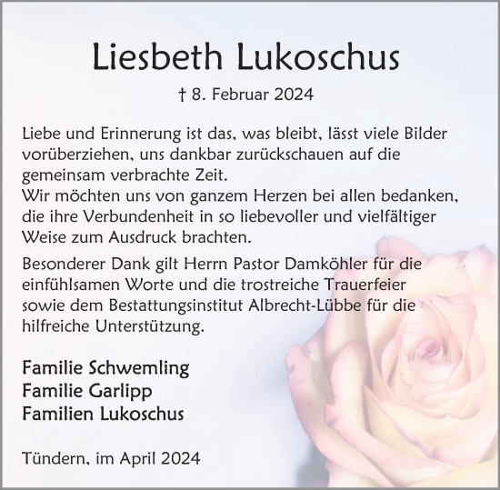 Traueranzeige von Liesbeth Lukoschus von Deister- und Weserzeitung