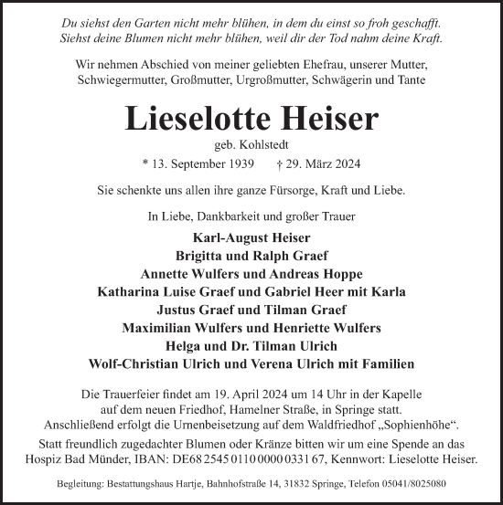 Traueranzeige von Lieselotte Heiser von Neue Deister-Zeitung