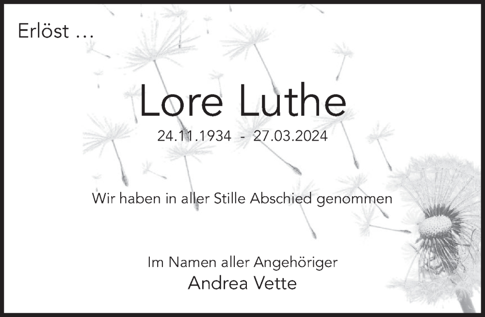  Traueranzeige für Lore Luthe vom 20.04.2024 aus Deister- und Weserzeitung