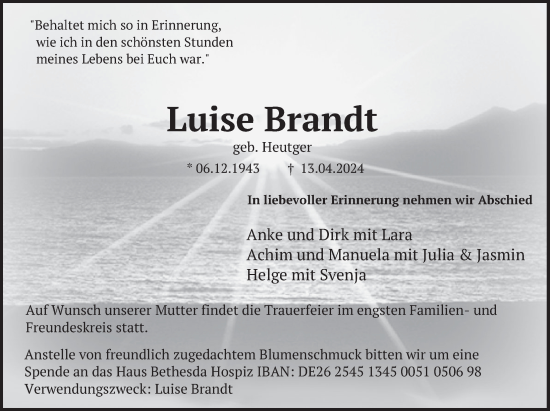 Traueranzeige von Luise Brandt von Deister- und Weserzeitung