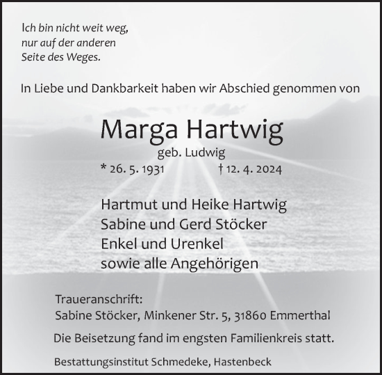 Traueranzeige von Marga Hartwig von Deister- und Weserzeitung