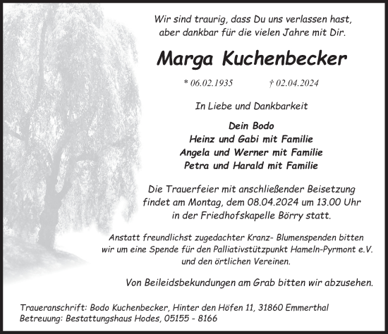 Traueranzeige von Marga Kuchenbecker von Deister- und Weserzeitung