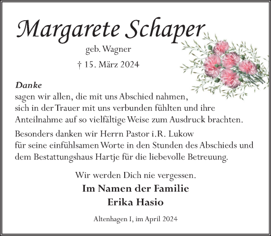 Traueranzeige von Margarete Schaper von Neue Deister-Zeitung