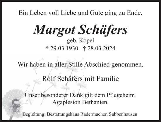 Traueranzeige von Margot Schäfers von Deister- und Weserzeitung