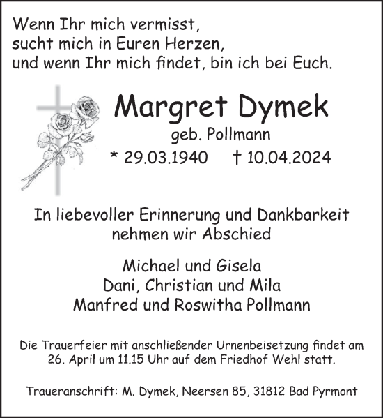 Traueranzeige von Margret Dymek von Deister- und Weserzeitung