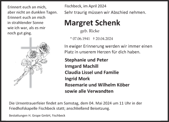 Traueranzeige von Margret Schenk von Deister- und Weserzeitung
