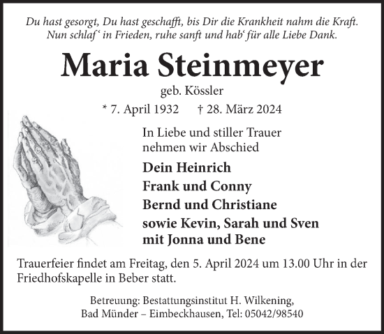 Traueranzeige von Maria Steinmeyer von Neue Deister-Zeitung