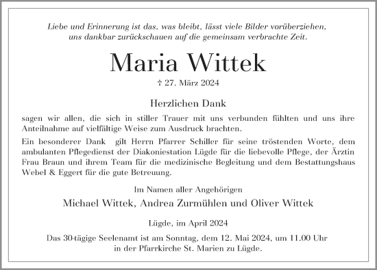 Traueranzeige von Maria Wittek von Deister- und Weserzeitung