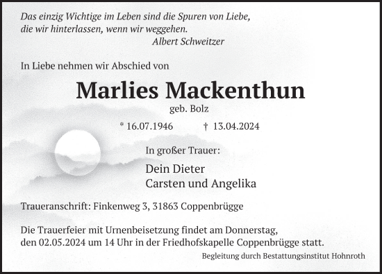 Traueranzeige von Marlies Mackenthun von Deister- und Weserzeitung