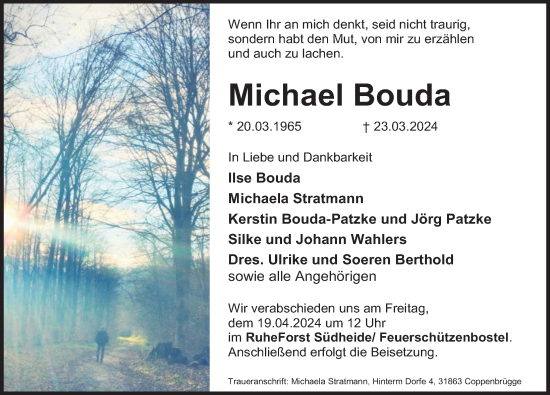 Traueranzeige von Michael Bouda von Deister- und Weserzeitung
