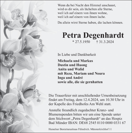 Traueranzeige von Petra Degenhardt von Deister- und Weserzeitung
