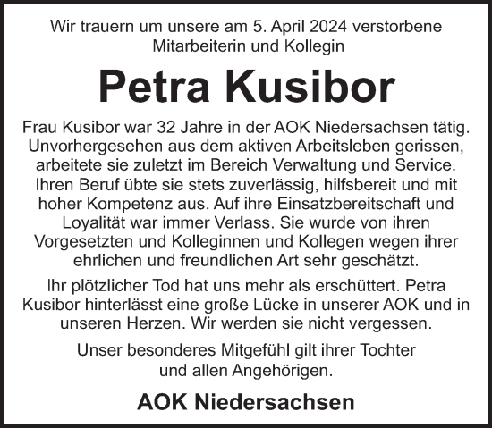 Traueranzeige von Petra Kusibor von Neue Deister-Zeitung