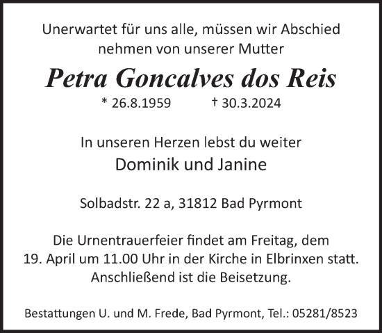Traueranzeige von Petra Goncalves dos Reis von Deister- und Weserzeitung