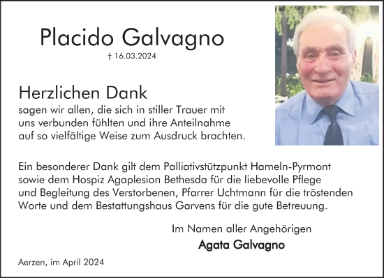 Traueranzeige von Placido Galvagno von Deister- und Weserzeitung