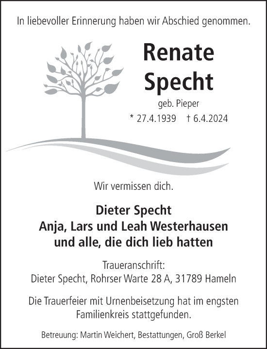 Traueranzeige von Renate Specht von Deister- und Weserzeitung