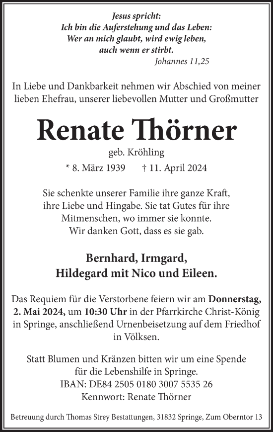 Traueranzeige von Renate Thörner von Neue Deister-Zeitung