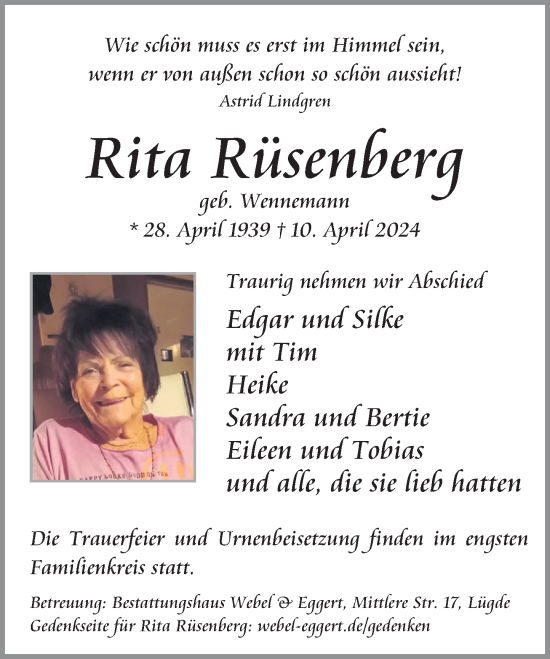 Traueranzeige von Rita Rüsenberg von Deister- und Weserzeitung