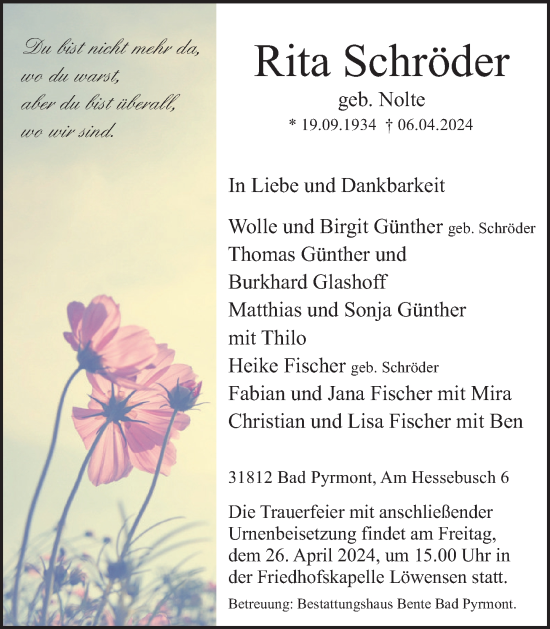 Traueranzeige von Rita Schröder von Deister- und Weserzeitung