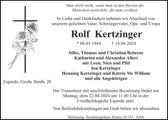 Traueranzeige von Rolf Kertzinger von Deister- und Weserzeitung