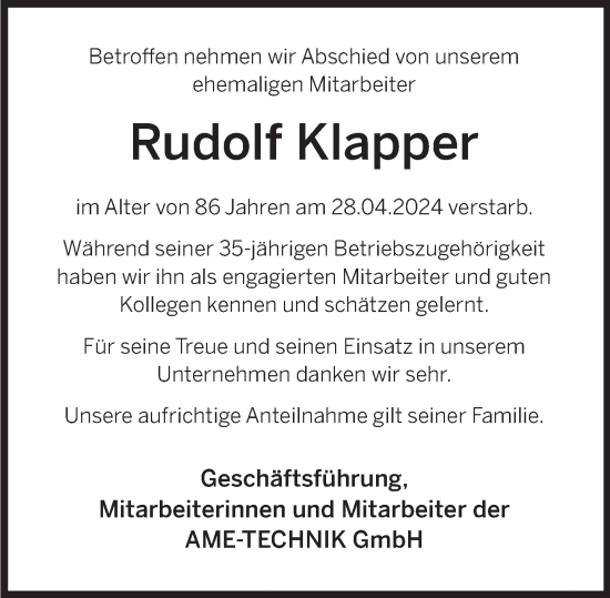 Traueranzeige von Rudolf Klapper von Deister- und Weserzeitung