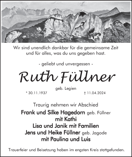 Traueranzeige von Ruth Füllner von Deister- und Weserzeitung