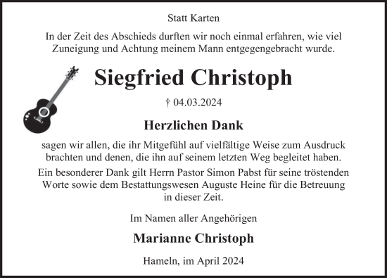Traueranzeige von Siegfried Christoph von Deister- und Weserzeitung