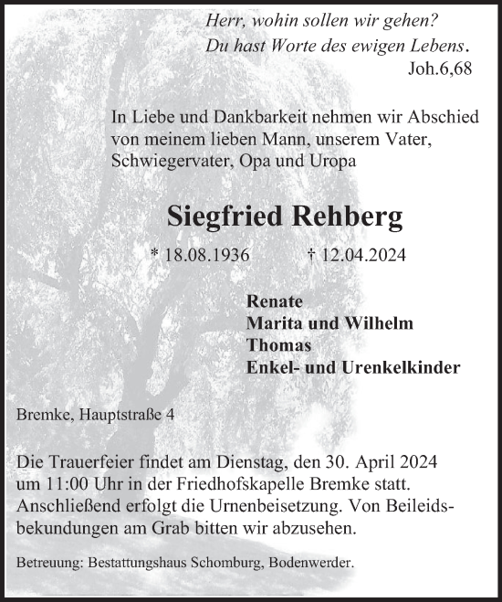 Traueranzeige von Siegfried Rehberg von Deister- und Weserzeitung