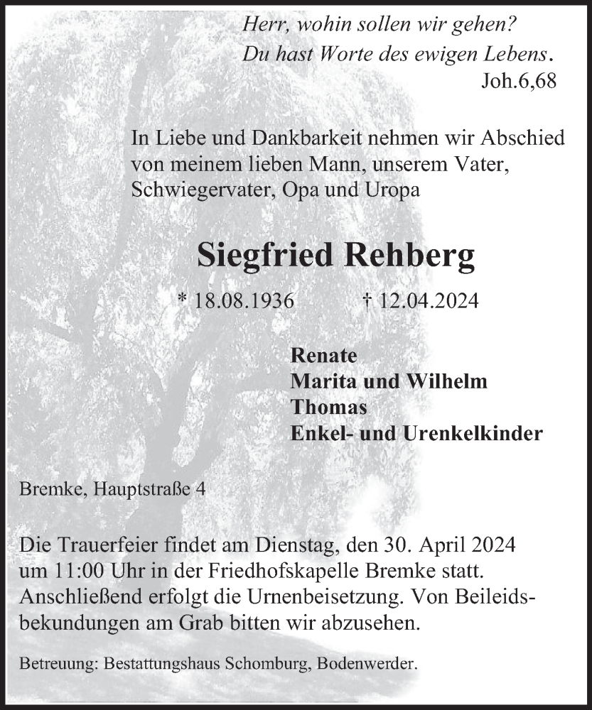  Traueranzeige für Siegfried Rehberg vom 20.04.2024 aus Deister- und Weserzeitung