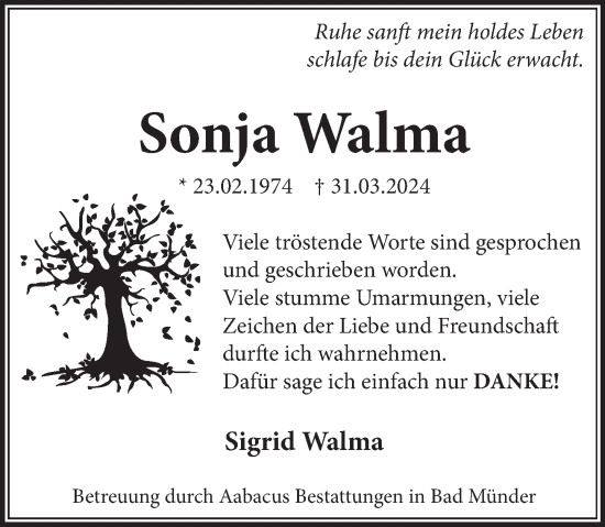 Traueranzeige von Sonja Walma von Neue Deister-Zeitung