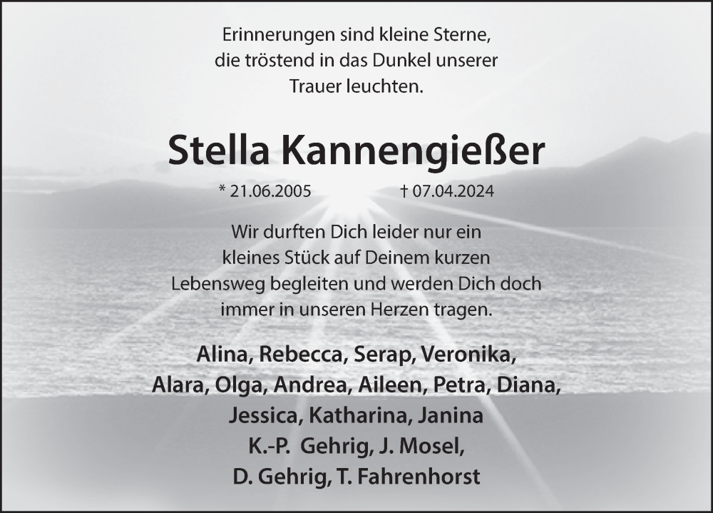  Traueranzeige für Stella Kannengießer vom 20.04.2024 aus Deister- und Weserzeitung